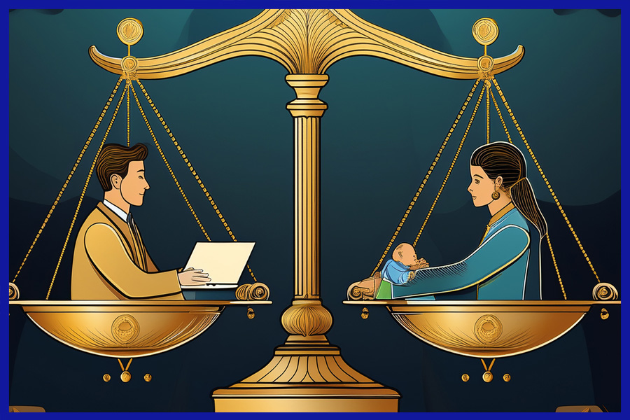 A man and woman on opposite sides of a scale, trying to balance work and life